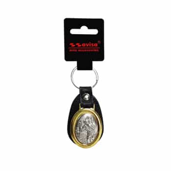 Stainless steel key ring with artificial leather - 'St.Christopher' (Silver colored)