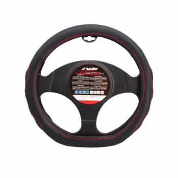 Simoni Racing Steering Wheel Cover D-Shape - Black Eco-Leather + Red Stitching - 35-37cm